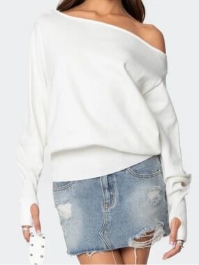 NEW Edikted Cream Off-Shoulder Oversized Chunky Sweater Size S Thumb Holes Baggy
